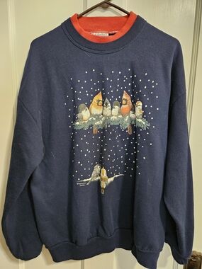 Winter Cardinal Classic Navy Bird Print Crewneck Jerzees Sweater